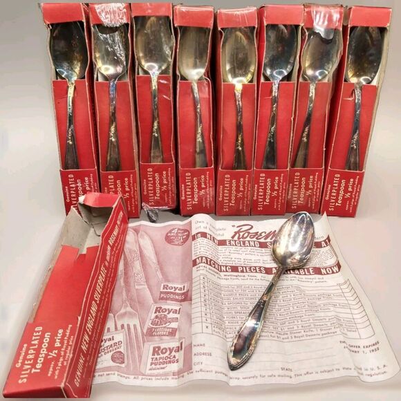 Lot Of 10- 6" NEW ENGLAND GENUINE SILVER PLATE A1 TEASPOONS ROSEMARY PATTERN BOX - Picture 1 of 14
